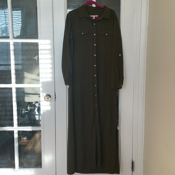 Hutch Dresses & Skirts - Anthropologie hutch olive green Cassidy collar side slit maxi shirt dress XL